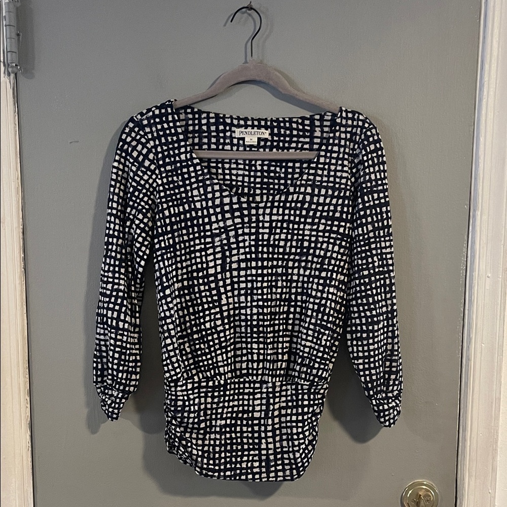 Pendleton Womens Blouse Top 3/4 Sleeve Blue Check Ruched‎ Size M